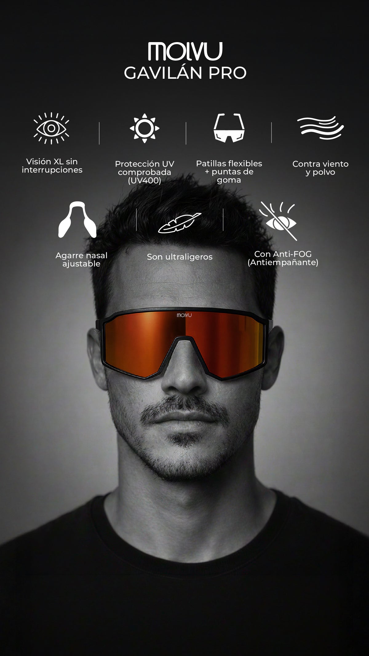 Infografía de Lentes Gavilán Pro Black Fire: características principales