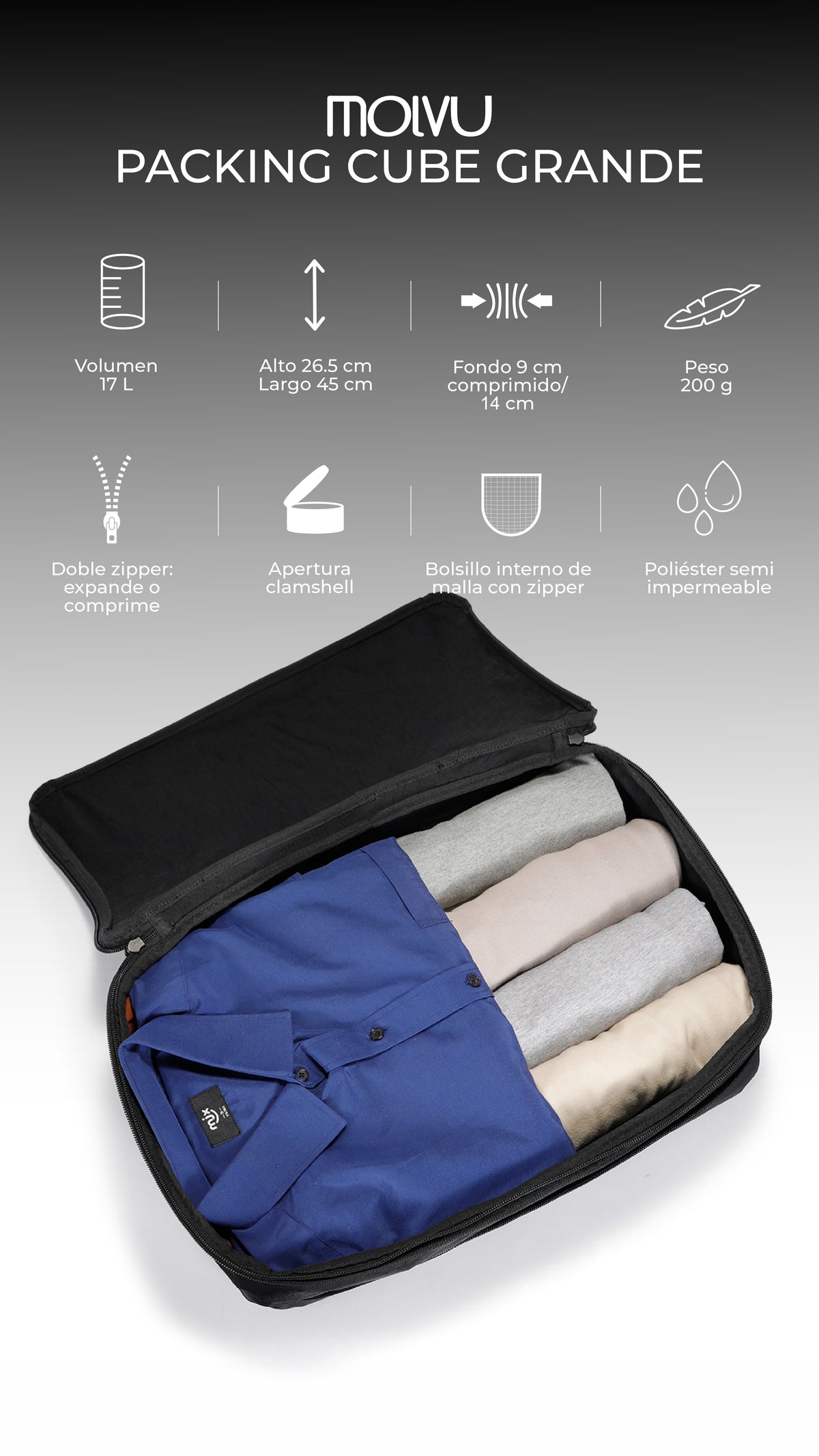 Infografía de Packing Cube Grande: características principales