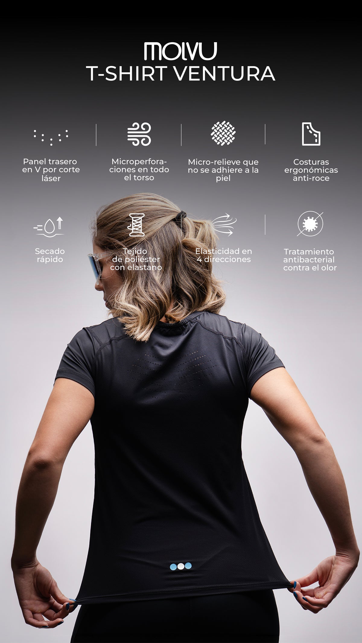 Infografía de Playera Ventura Mujer Negro: características principales
