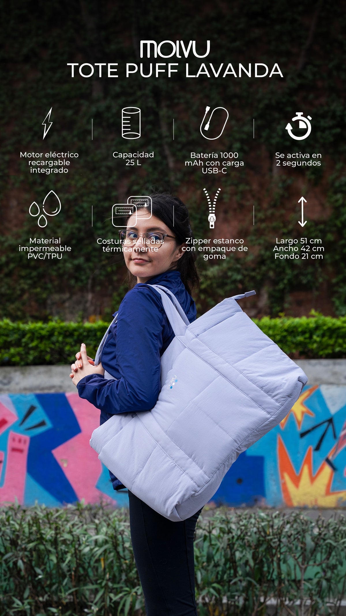 Infografía de Tote Puff Lavanda: características principales