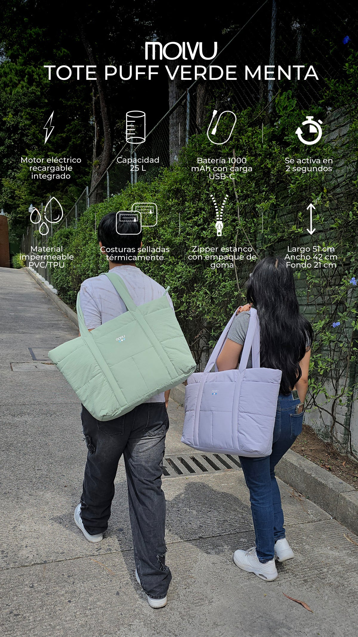 Infografía de Tote Puff Verde Menta: características principales