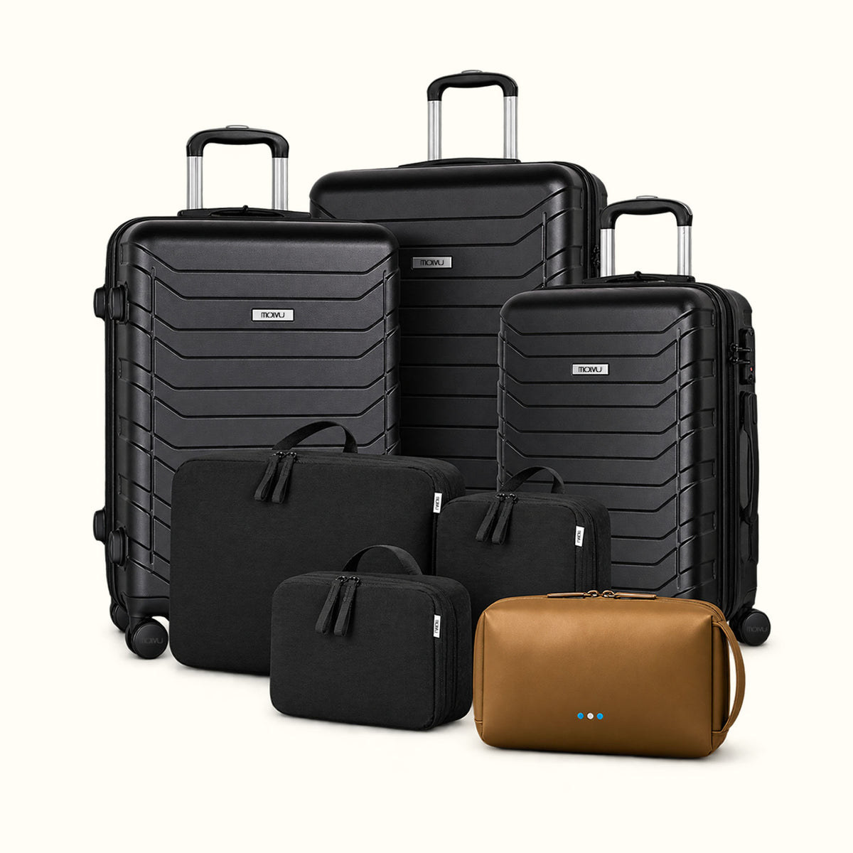Combo Viaje Familiar: set de 3 maletas negras, organizador Chunches XL khaki y set de 3 packing cubes