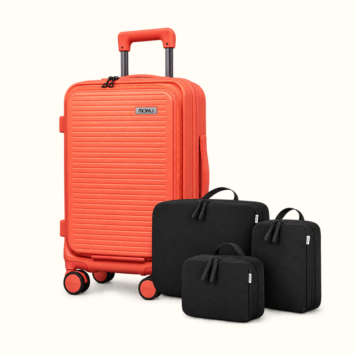 Combo Viaje Aventura: maleta carry on Viaje 3 naranja y set de 3 packing cubes negro