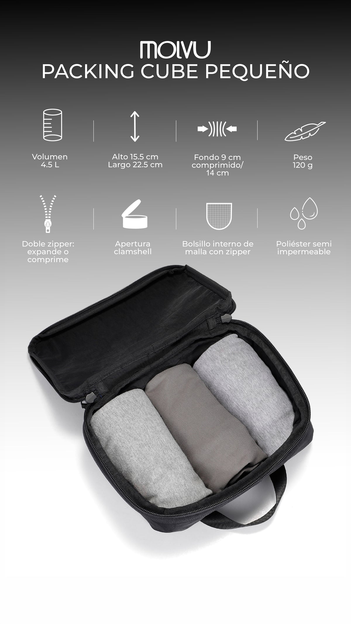 Infografía de Packing Cube Pequeño: características principales