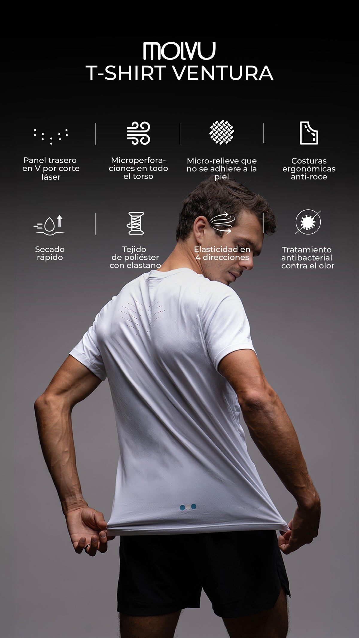 Infografía de Playera Ventura Hombre Blanco: características principales
