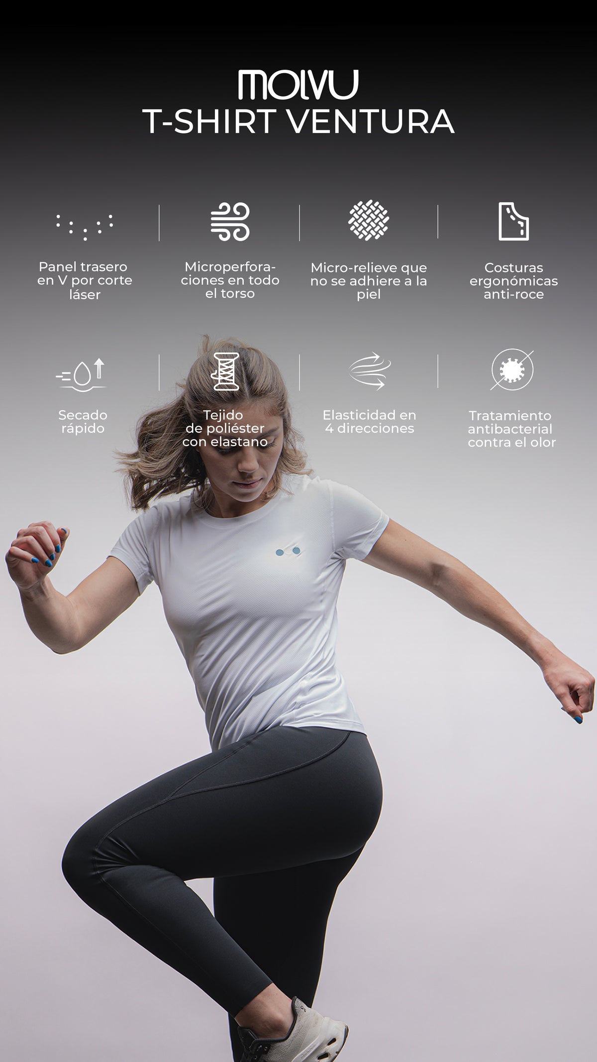 Infografía de Playera Ventura Mujer Blanco: características principales