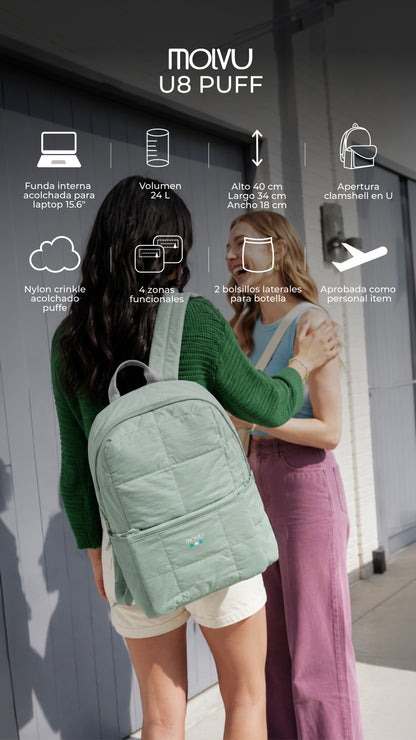 Infografía de Mochila U8 Puff Verde Menta: características principales